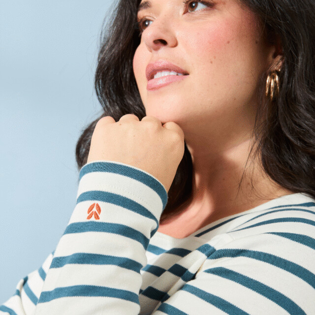 Lemahieu - Marinière manches longues  - Rayure Bleu pétrole / Ecru - Col carré - Blanc - Femme