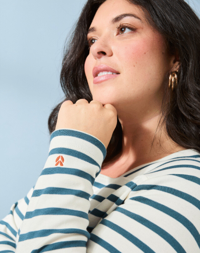 Lemahieu - Marinière manches longues  - Rayure Bleu pétrole / Ecru - Col carré - Blanc - Femme