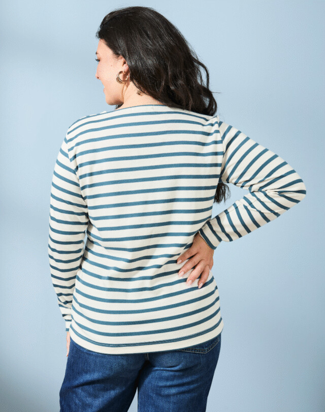 Lemahieu - Marinière manches longues  - Rayure Bleu pétrole / Ecru - Col carré - Blanc - Femme