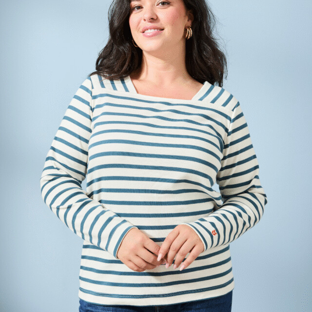 Lemahieu - Marinière manches longues  - Rayure Bleu pétrole / Ecru - Col carré - Blanc - Femme