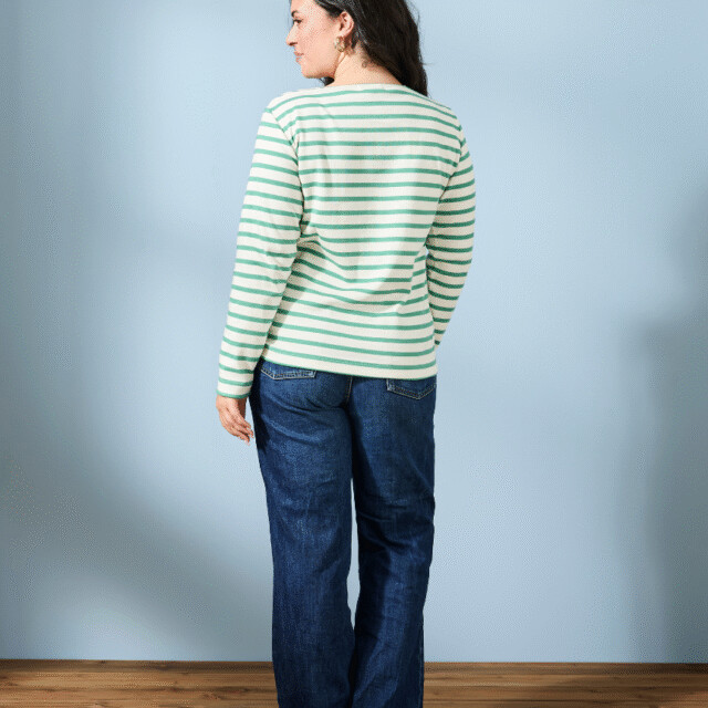 Lemahieu - Marinière manches longues - Rayure Vert menthe / Ecru - Col carré - Blanc - Femme