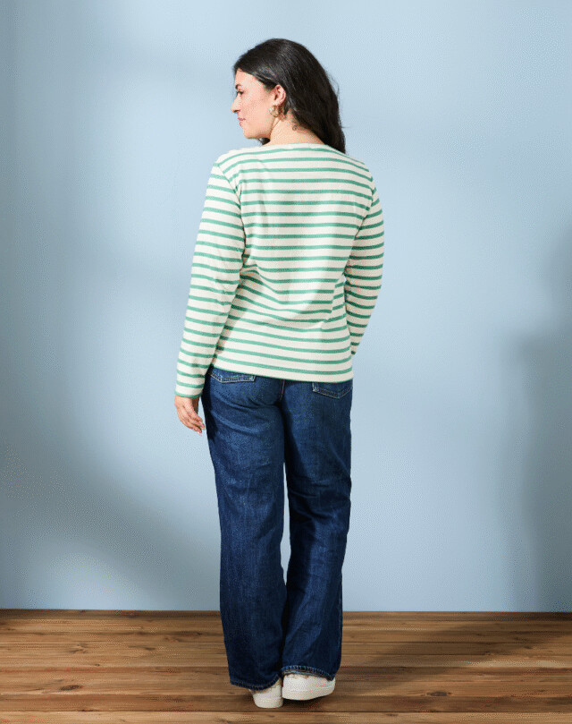 Lemahieu - Marinière manches longues - Rayure Vert menthe / Ecru - Col carré - Blanc - Femme