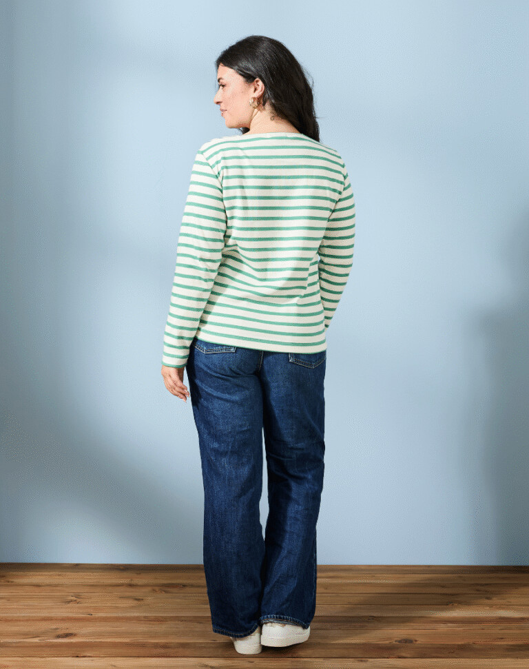 Lemahieu - Marinière manches longues - Rayure Vert menthe / Ecru - Col carré - Blanc - Femme