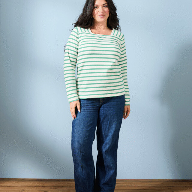 Lemahieu - Marinière manches longues - Rayure Vert menthe / Ecru - Col carré - Blanc - Femme