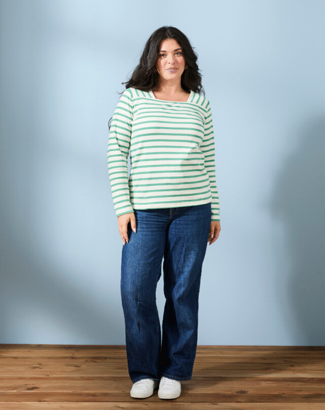 Lemahieu - Marinière manches longues - Rayure Vert menthe / Ecru - Col carré - Blanc - Femme