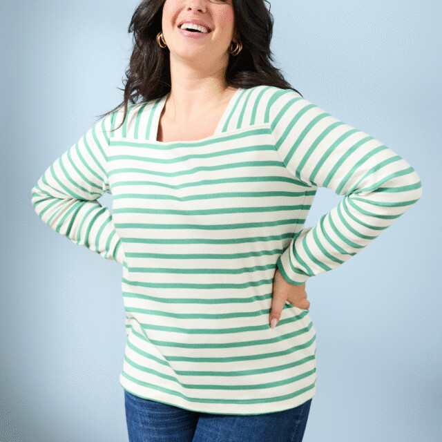 Lemahieu - Marinière manches longues - Rayure Vert menthe / Ecru - Col carré - Blanc - Femme