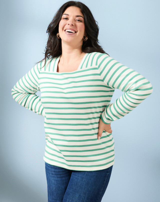 Lemahieu - Marinière manches longues - Rayure Vert menthe / Ecru - Col carré - Blanc - Femme