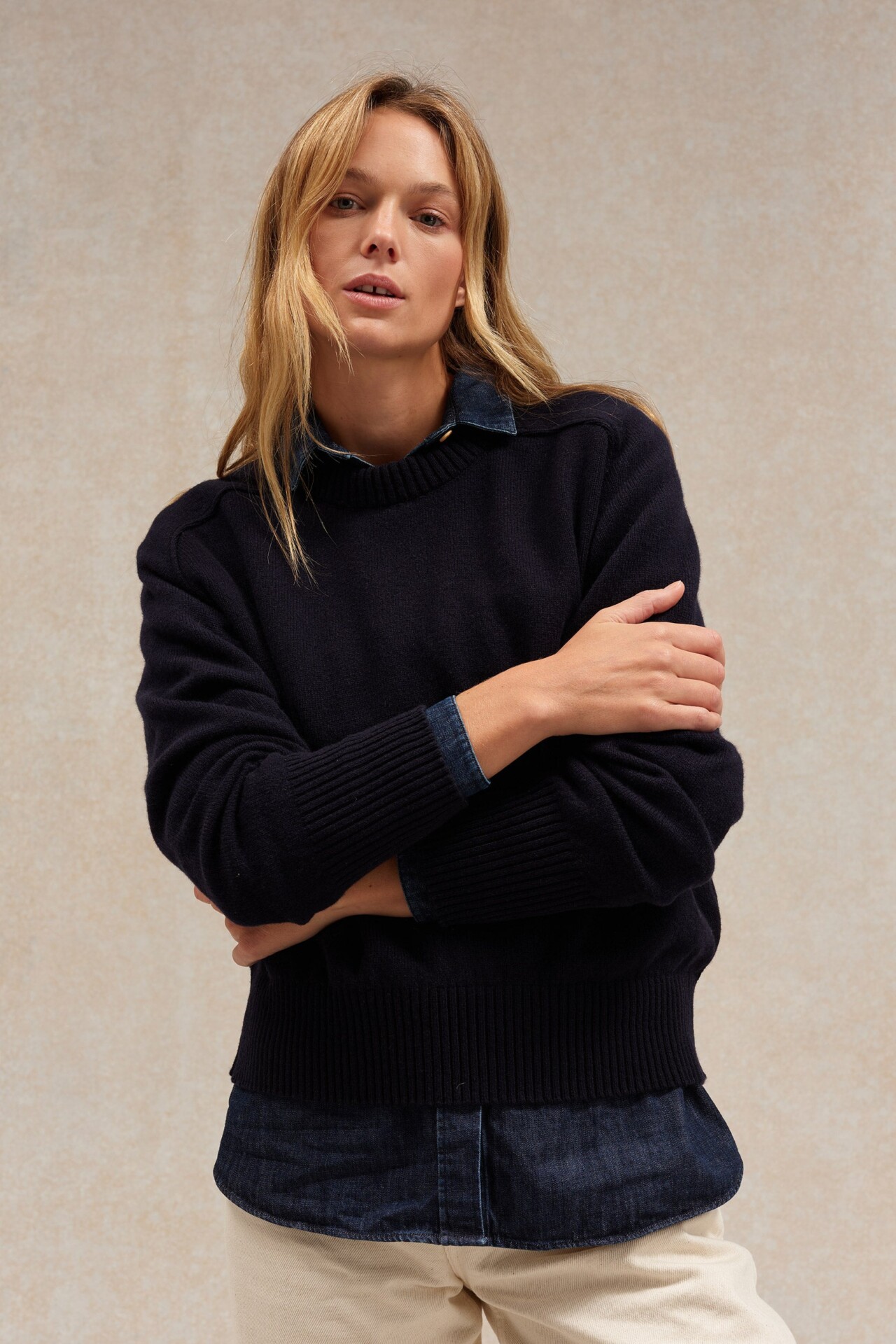 Le Minor - Pull femme col rond bleu marine