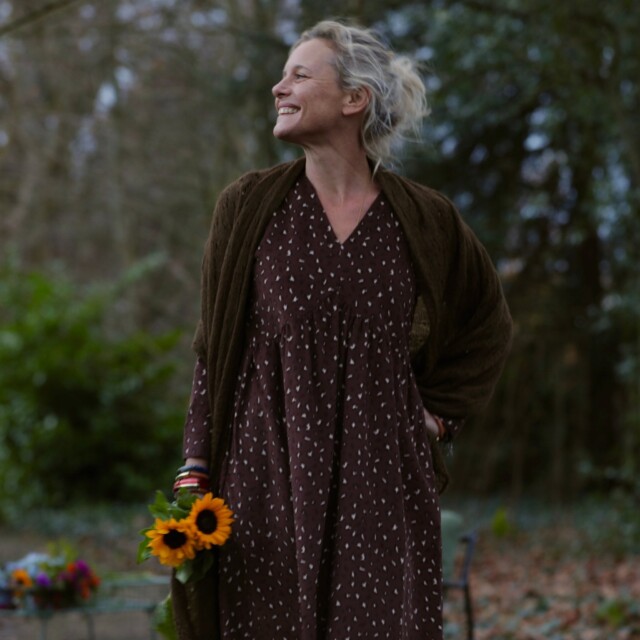 Quintessence - Robe Edonie coupe midi - Velours milleraies Léo choco