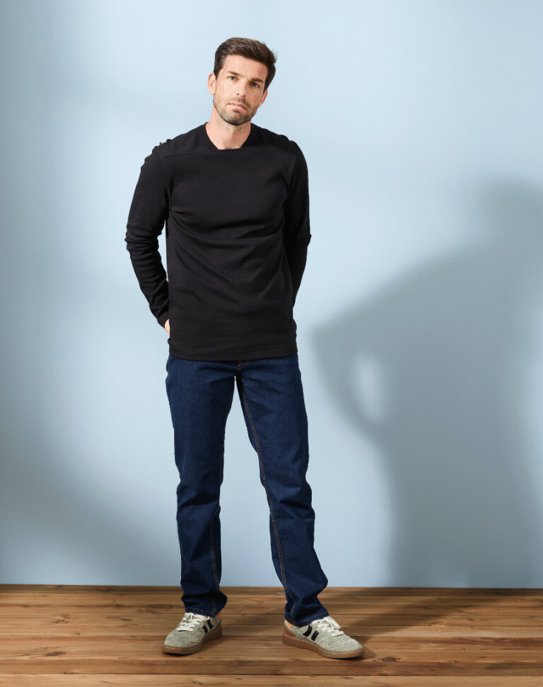 Lemahieu - T-shirt épais ML col signature en Coton Bio - Noir - Homme