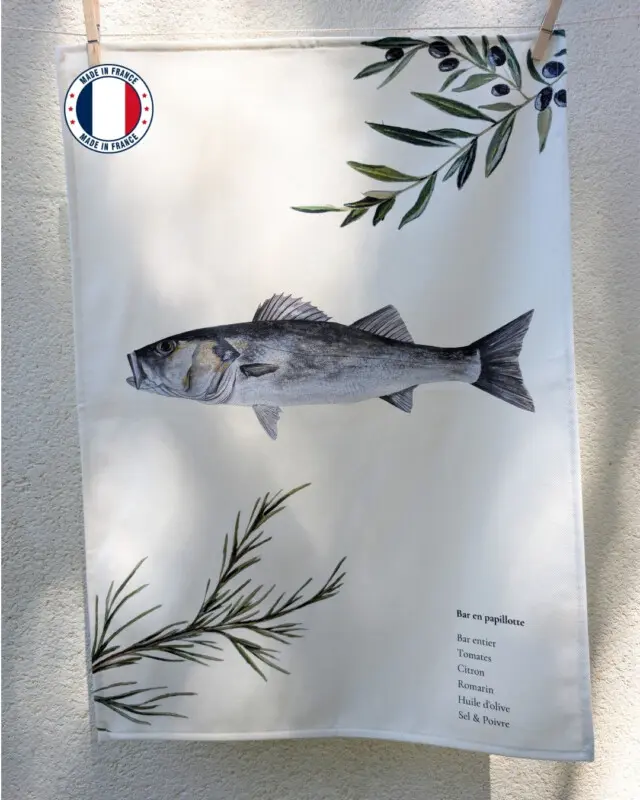 Varek Illustations - Torchon 100% coton : Le Bar en Papillote