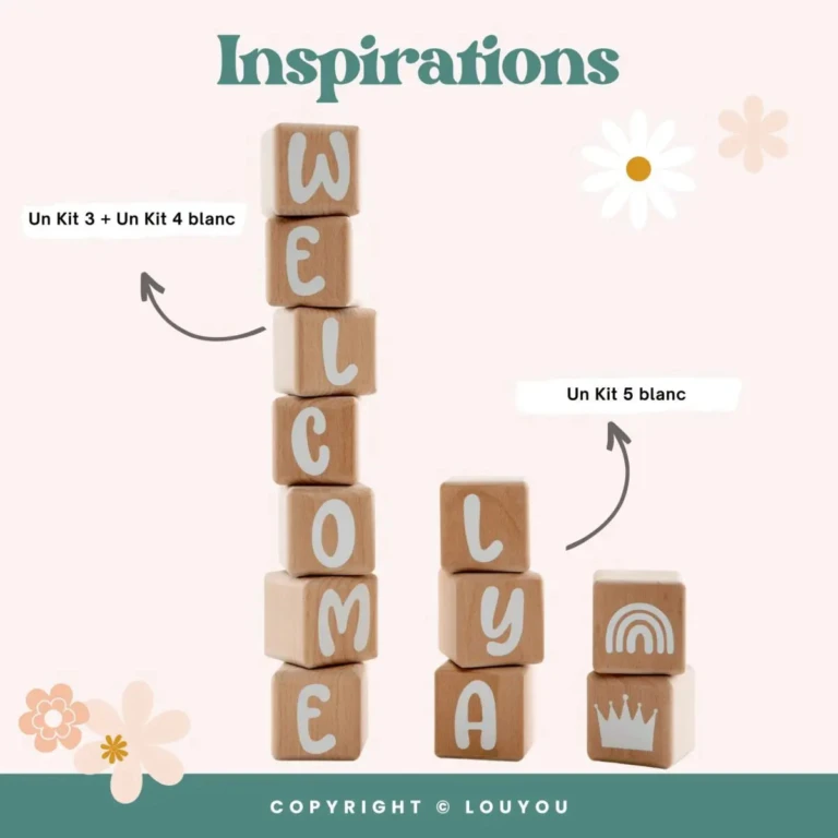 LouYou - 3 Cubes en Bois de 5cm x 5cm + 47 Stickers blancs
