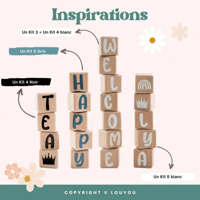 LouYou - 4 Cubes en Bois de 5cm x 5cm + 55 Stickers gris