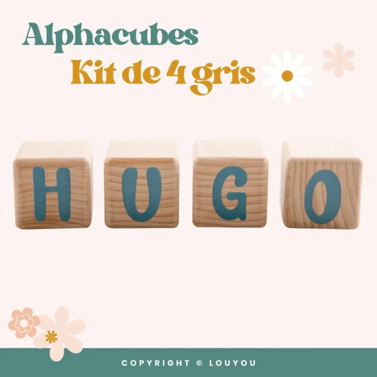LouYou - 4 Cubes en Bois de 5cm x 5cm + 55 Stickers gris