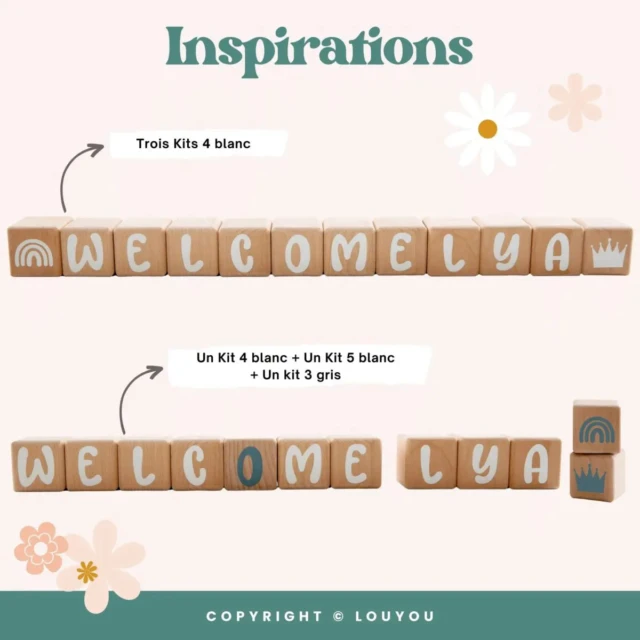 LouYou - 4 Cubes en Bois de 5cm x 5cm + 55 Stickers noirs