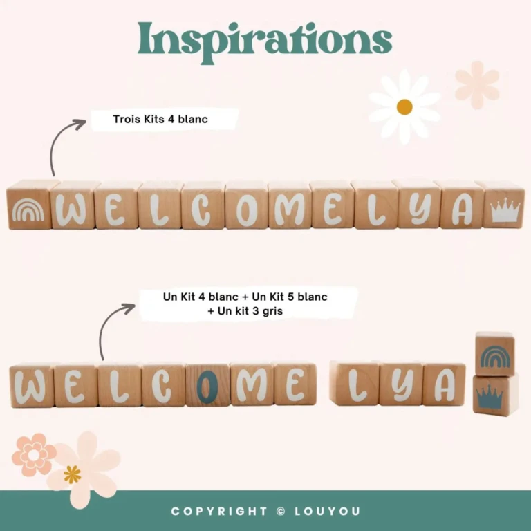 LouYou - 4 Cubes en Bois de 5cm x 5cm + 55 Stickers noirs