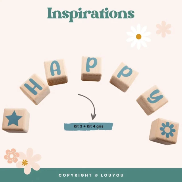 LouYou - 5 Cubes en Bois de 5cm x 5cm + 66 Stickers gris