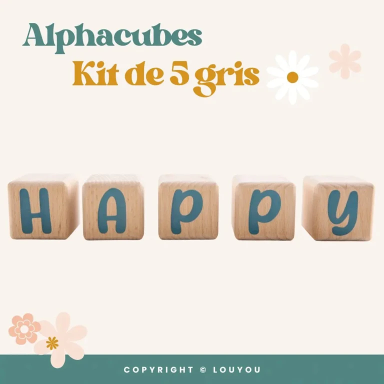 LouYou - 5 Cubes en Bois de 5cm x 5cm + 66 Stickers gris