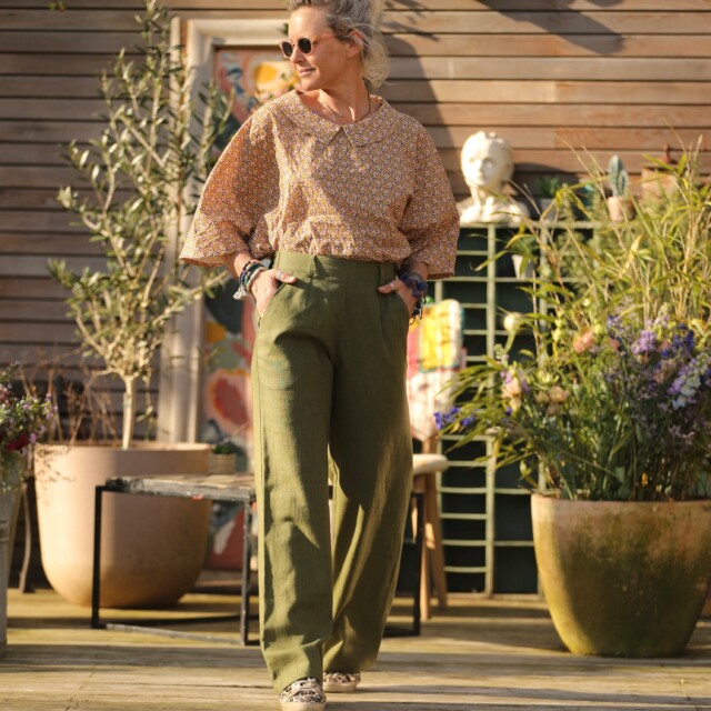 Quintessence - Pantalon Nestor lin vert lichen