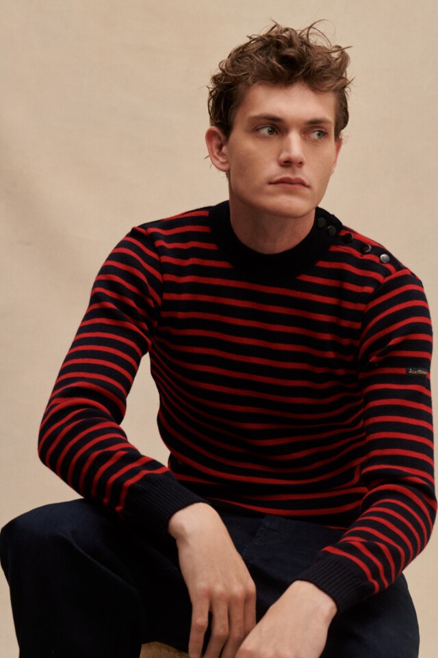 Pull marin rayé marine et rouge pour homme par la marque Le Minor Le Minor - Pull marin rayé marine et rouge pour homme