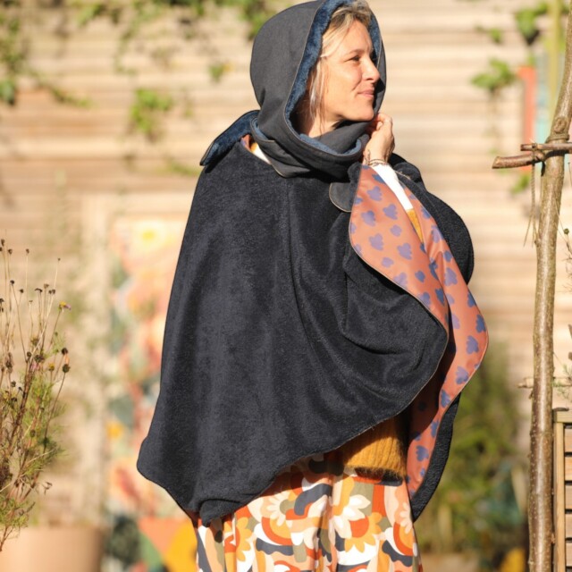 Quintessence - Capuche Rosalie -  Flanelle bleu ardoise/polaire bleu océan