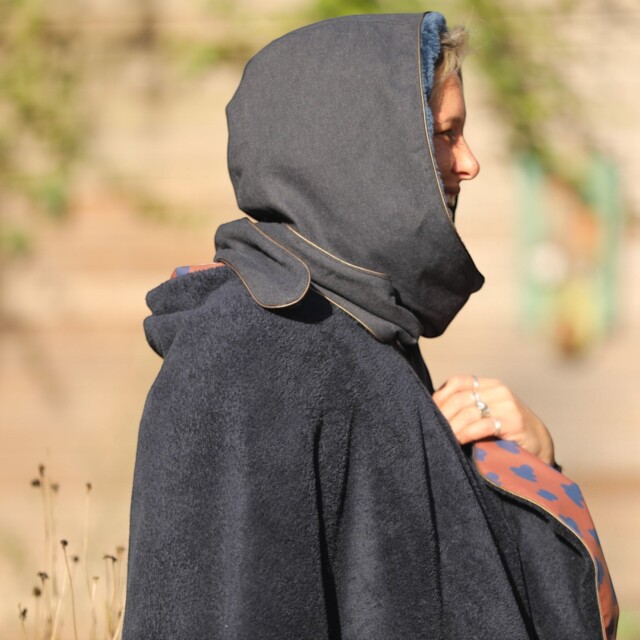 Quintessence - Capuche Rosalie -  Flanelle bleu ardoise/polaire bleu océan