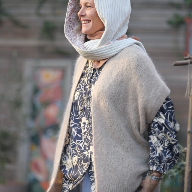 Quintessence - Capuche Rosalie - velours grosse côtes ivoire/coton fleuri rosé