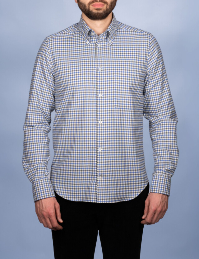 - Chemise Flanelle à Carreaux Bleu/Gris - Col Boutonné