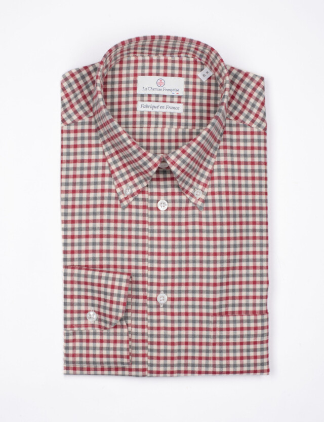 La Chemise Française - Chemise Flanelle à Carreaux Rouge/Gris – Col Boutonné