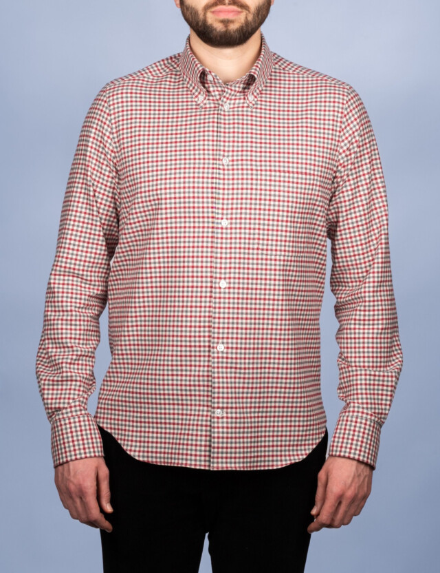 - Chemise Flanelle à Carreaux Rouge/Gris - Col Boutonné