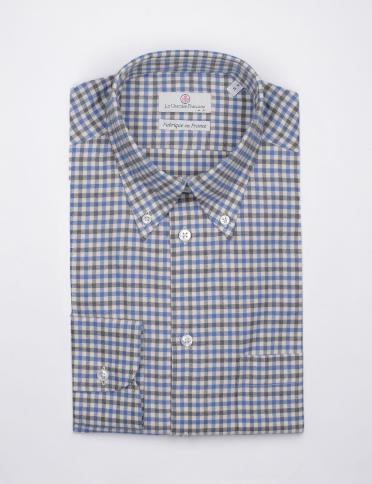 - Chemise Flanelle à Carreaux Bleu/Gris - Col Boutonné