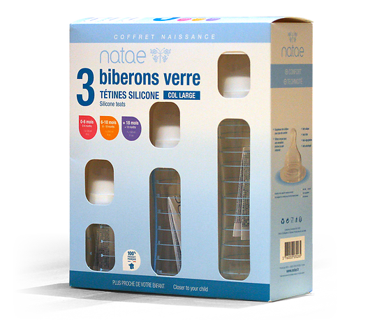 NATAE - Coffret 3 Biberons Verre – Avec tétines silicone