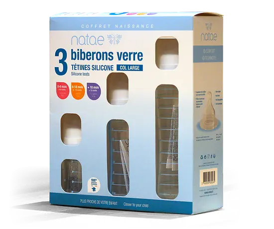 NATAE - Coffret 3 Biberons Verre – Avec tétines silicone