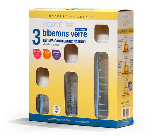 NATAE - Coffret 3 biberons verre – Avec tétines caoutchouc