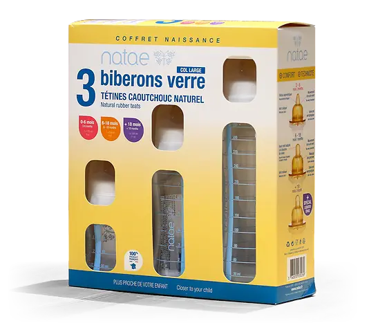 NATAE - Coffret 3 biberons verre – Avec tétines caoutchouc