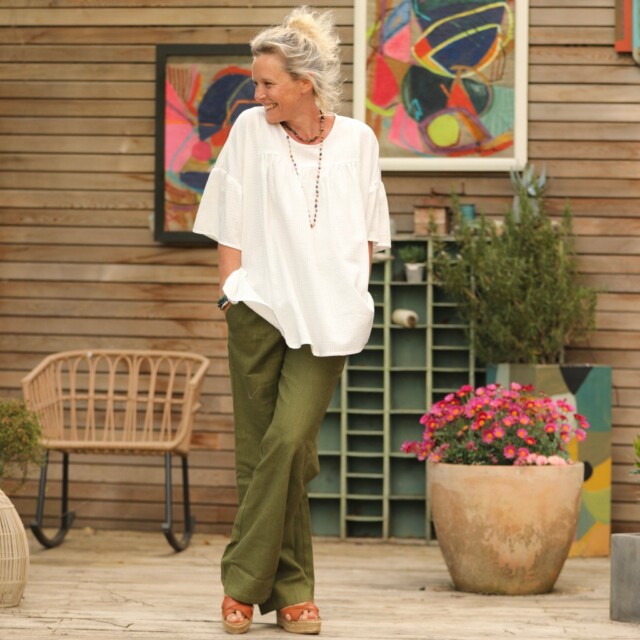 Quintessence - Pantalon Nestor lin vert lichen