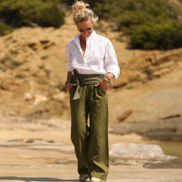 Quintessence - Pantalon Nestor lin vert lichen