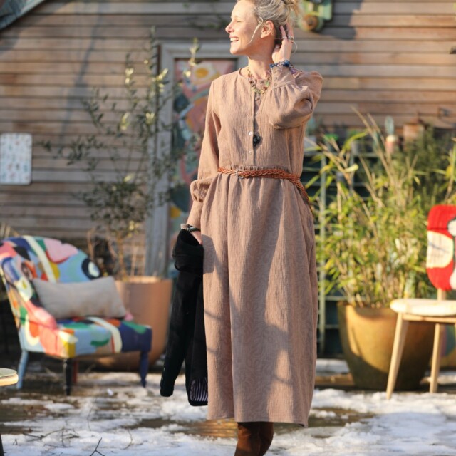 Quintessence - Robe Isis - jacquard coton/lin fleuri camel