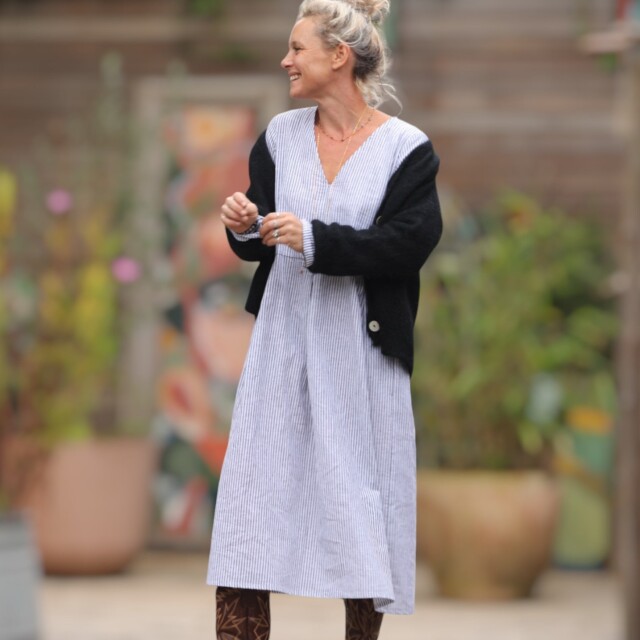 Quintessence - Robe Romane - coton/lin rayé noir/blanc