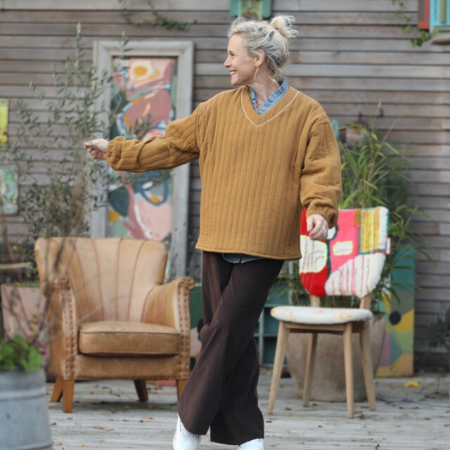 Quintessence - Sweat Gustave - double gaze de coton matelassé  camel/envers rayé camel