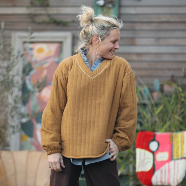 Quintessence - Sweat Gustave - double gaze de coton matelassé  camel/envers rayé camel