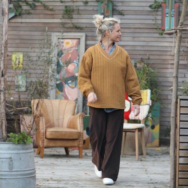 Quintessence - Sweat Gustave - double gaze de coton matelassé  camel/envers rayé camel