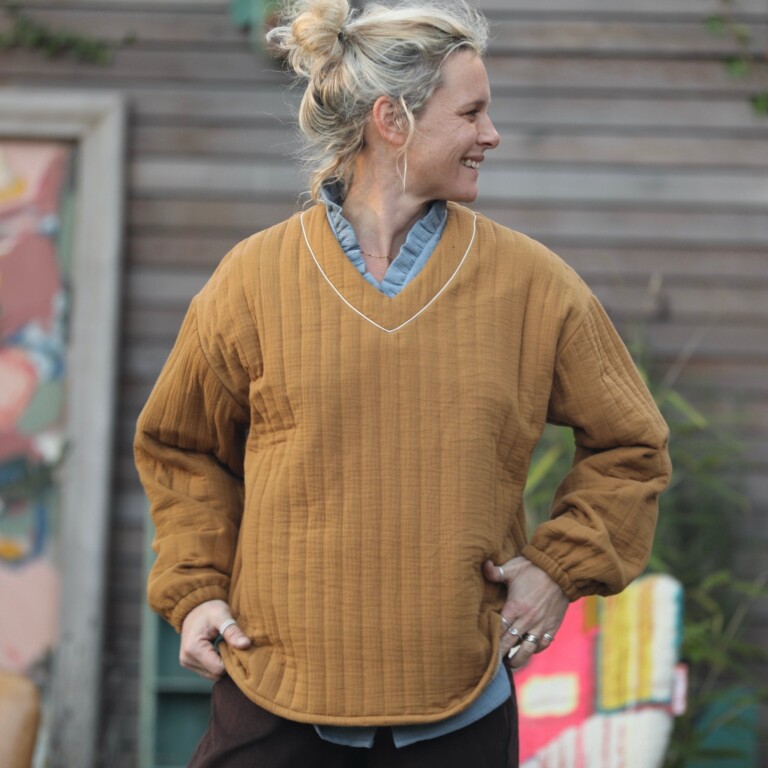 Quintessence - Sweat Gustave - double gaze de coton matelassé  camel/envers rayé camel