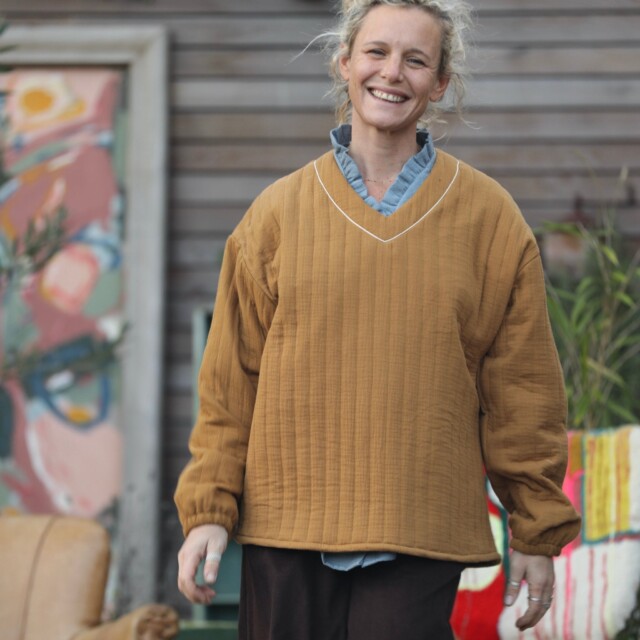 Quintessence - Sweat Gustave - double gaze de coton matelassé  camel/envers rayé camel