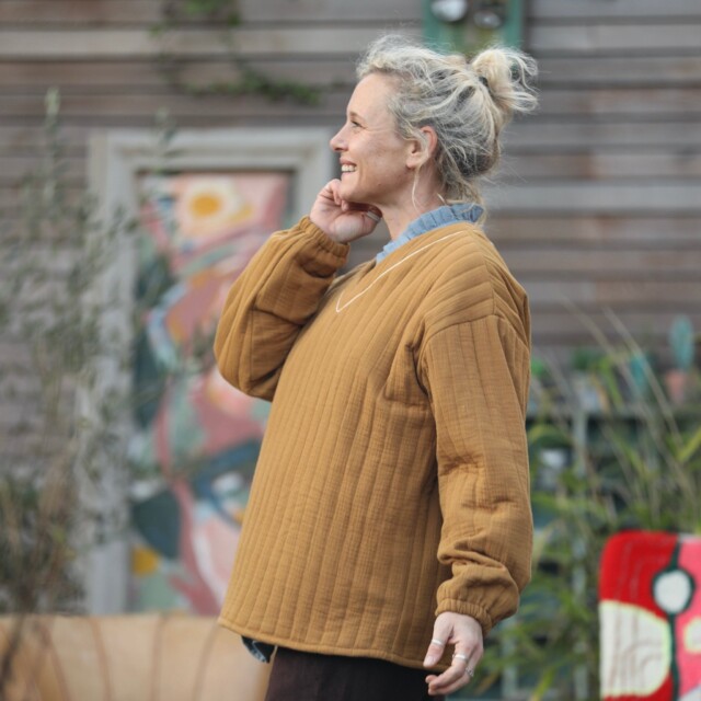 Quintessence - Sweat Gustave - double gaze de coton matelassé  camel/envers rayé camel