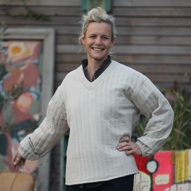 Quintessence - Sweat Gustave-  matelassé en double gaze de coton sable/envers rayé