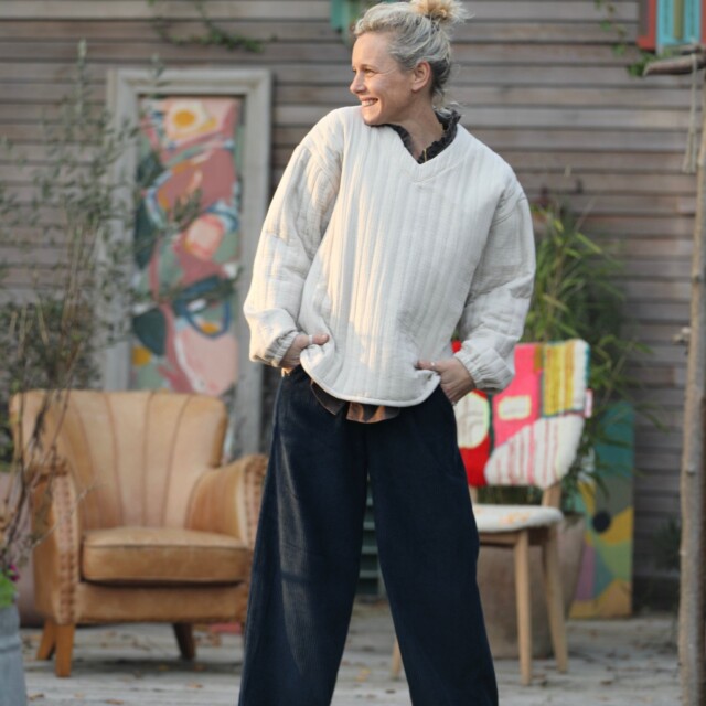 Quintessence - Sweat Gustave-  matelassé en double gaze de coton sable/envers rayé