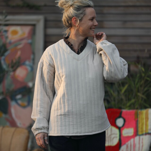 Quintessence - Sweat Gustave-  matelassé en double gaze de coton sable/envers rayé