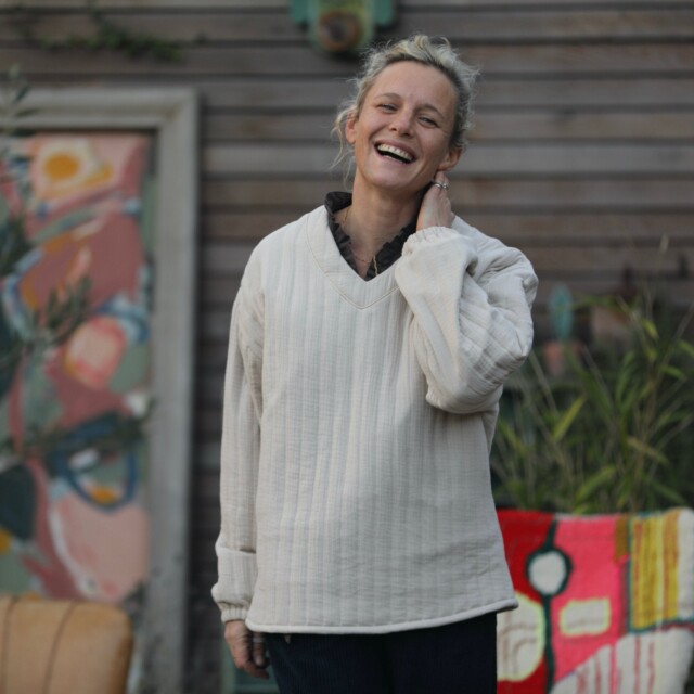 Quintessence - Sweat Gustave-  matelassé en double gaze de coton sable/envers rayé