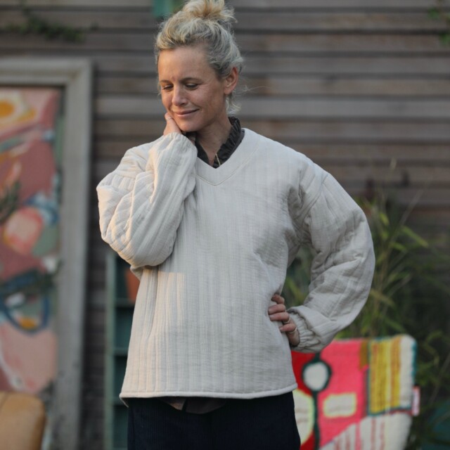 Quintessence - Sweat Gustave-  matelassé en double gaze de coton sable/envers rayé